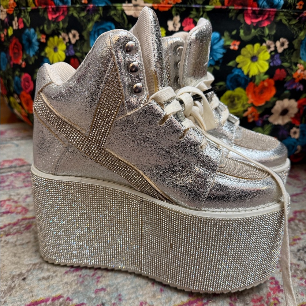 YRU Silver Crystal Maximalist Platform Sneakers